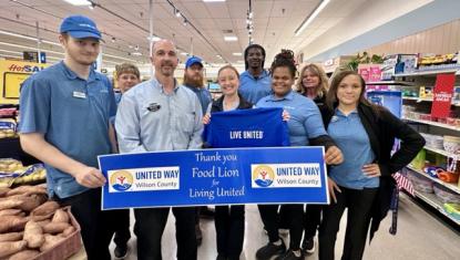 Food Lion Store No. 214 on Tarboro Street presented a $750 gift card donation to United Way of Wilson County through the Food Lion Feeds Charitable Foundation. Store manager Matt Burke and assistant manager Danielle Toler were joined by Food Lion staff for the presentation.